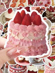 63张草莓蛋糕贴纸，可爱甜点设计，包含多层蛋糕和纸杯蛋糕，甜美乙烯基贴纸，适用于美食日记、计划本和甜点爱好者，剪贴簿用品，文具 - 紅色 - 查看 4