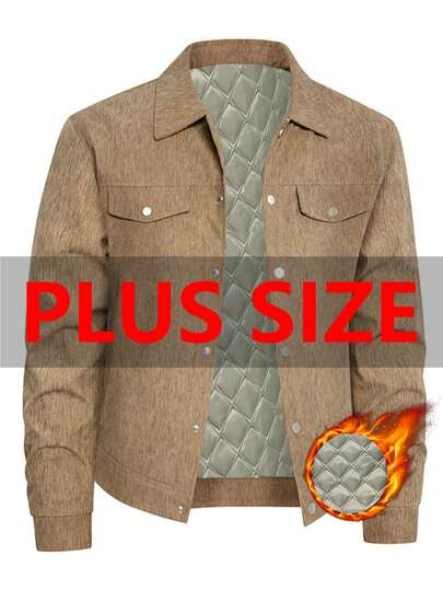 Plus Size Men's Casual Thickened Thermal Lined Jacket, Turndown Collar, Button Front Closure, Suitable For Autumn & Winter