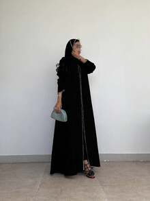 黑色长袖宽松刺绣优雅阿巴雅开衫长袍，配头巾 - 黑色 - 查看 4
