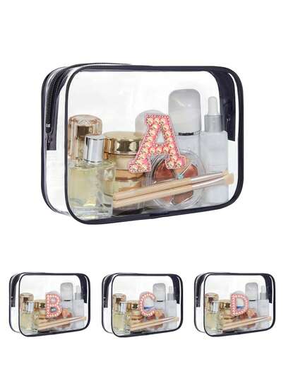 1个珍珠字母化妆包，透明PVC化妆包，带拉链，便携式透明洗漱包，适合商务旅行、度假、浴室、整理，男女通用简约设计，EVA洗漱包和化妆包套装，带拉链 - 透明，旅行收纳包。适用于学校背包，旅行必备，海滩度假。透明防水化妆包，便携，通过随身行李检查。波西米亚风格。