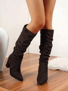 弹力针织尖头高跟高筒靴，新款秋季高跟度假风女靴，褶皱设计，拉长腿部线条，音乐节靴子，百搭切尔西靴，舒适的布质靴子 - 咖啡棕 - 查看 5