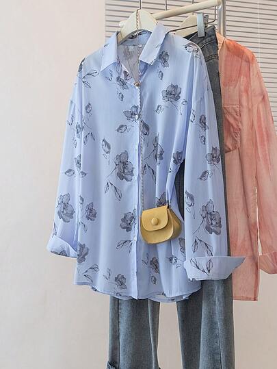 YUXIN Women's Flowy Chiffon Ink Floral Blouse, Multi - Color Optional Fashion Casual Sunscreen Shirt For Spring & Summer