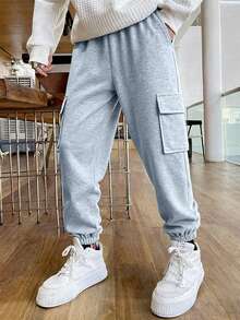 1 Stück Jungen/Teenager Einfarbige Lässige Outdoor Sport Kordelzug Multi-Taschen Fleece Cargohose