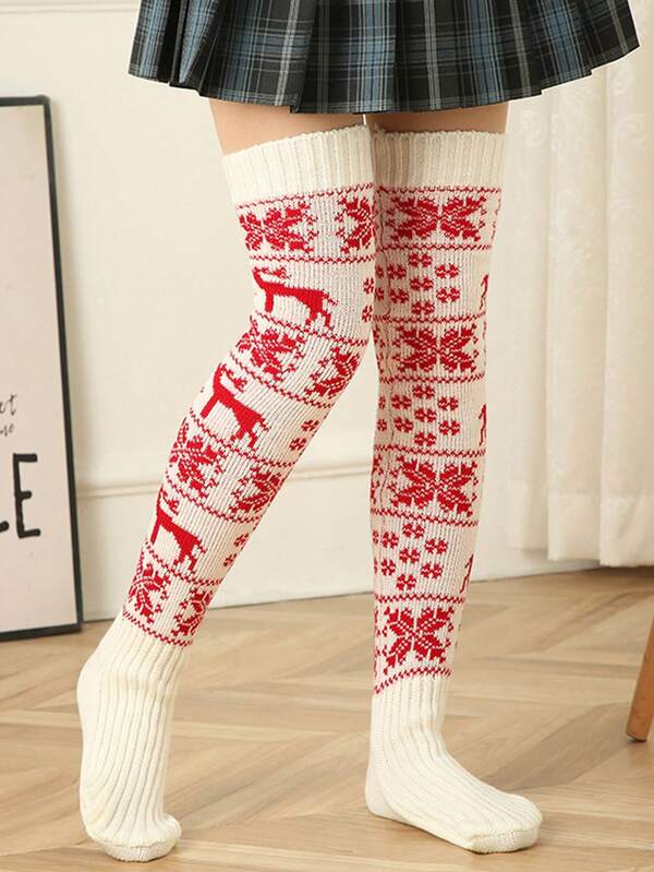 1 par de meias longas de Natal, de malha jacquard, acima do joelho, para mulheres, no outono e inverno, meias quentes empilháveis, 70 cm