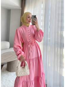 Vestido de mujer de manga farol con dobladillo de retazos, elegante, de unicolor, con botón en la cintura y nudo, para uso casual, fiesta de cumpleaños, evento formal, cita, otoño/invierno