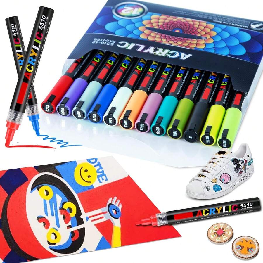 Juego de Marcadores de Pintura de 12 Colores, Plumones Acrylic, 4mm, Mediano, Sistema de Control de Tinta de Líquido Directo, Presione para Liberar La Tinta, Roca, Lienzo, Vidrio, Madera - 12 - Ver 1