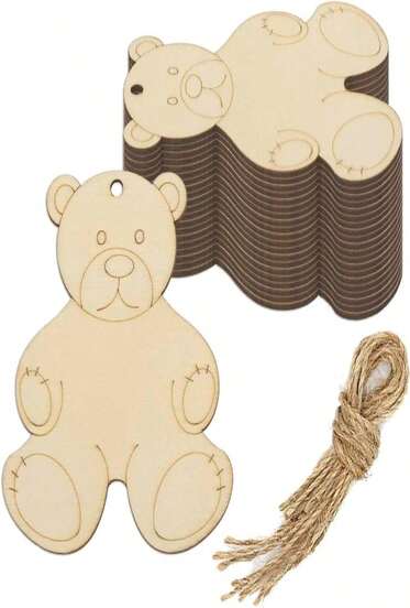 20pcs Bear Wood DIY Crafts Cutouts Wooden Bear Shaped Hanging Ornaments With Hole Hemp Ropes Wood Tags For DIY Projects Birthday Christmas Party Decorations