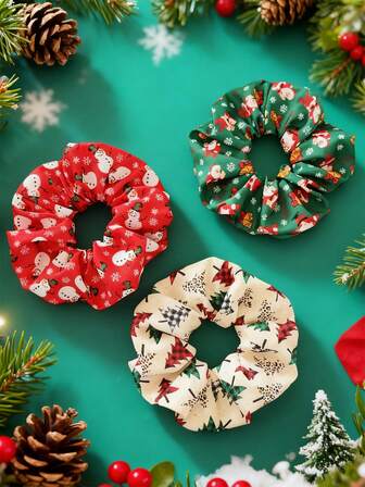 2pcs/3pcs Christmas Elements Fabric Santa Claus, Leopard Print Christmas Tree, Snowflake, Bell, Snowman, Plaid Print Hair Scrunchies, Suitable For Women Holiday Party, Ponytail, Daily Outings Hair Styling Decorative Accessories, Bohemian Street Elegant Party Hair Ties