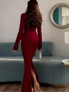 Đầm dài tay màu trơn thanh lịch dành cho nữ, có cổ, thắt eo và khóa kéo, thích hợp cho các bữa tiệc mùa thu/đông, mùa xuân. - Màu Đỏ Sâu - Xem 6