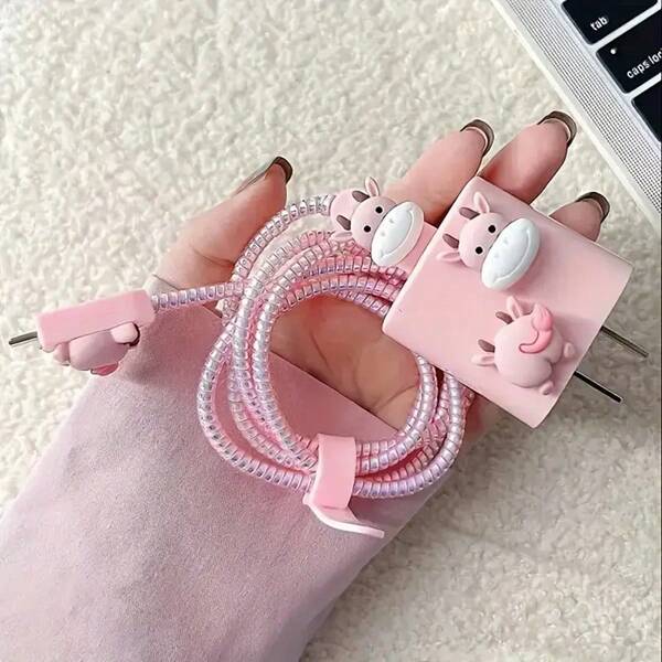 5pcs Pink Cow Charger Protector Case Compatible With Apple 20W Charger Compatible With IPhone 14 Pro Max/13/12/11 And Data Cable Winding Protector Set