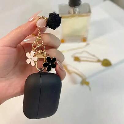 Black Earphone Case Suitable For 1/2 Gen, Pro 3/3rd Gen, With Black Floral Pendant, Minimalist Earphone Cover