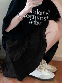 花卉印花少女连衣裙，纯色高腰褶皱休闲度假裙，女士 - 黑色 - 查看 2