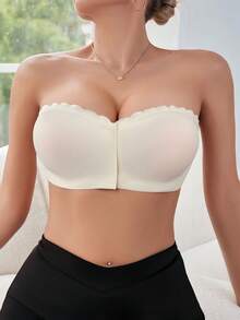女士无肩带文胸，无缝隐形抹胸式无钢圈前扣聚拢无背文胸，隐形防滑聚拢薄款加厚下摆文胸，适合小胸前扣隐形后背无肩带文胸