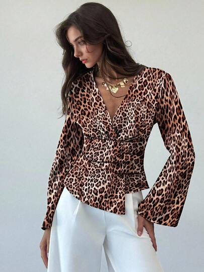 Women's New Fashion Leopard Print Commuter Waist Ruffle Asymmetrical Hem Long Bell Sleeve V Neck Pullover, Elegant Women Shirt