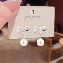Bow Earrings For Women  Sparkly Rhinestone Chain Tassel Earrings Cute Ribbon Stud Earring Daily Party Jewerly Gifts Christmas Stocking Stuffers - C3:粉紅蝴蝶結珍珠耳環銀色 - 查看 3