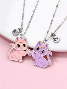 2 件套可爱猫形锌合金黑白珐琅磁性项链套装，适合朋友日常佩戴 - 彩色 - 查看 3