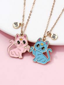 2 件套可爱猫形锌合金黑白珐琅磁性项链套装，适合朋友日常佩戴 - 彩色 - 查看 3
