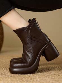 Casual Western Style Side Zipper French Retro Ankle Boots, Waterproof Platform Thick Heel Short Boots For Women, Autumn/Winter, Chunky Soft Bottom Ankle Boots