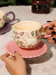 1 Set Floral Rabbit Ceramic Coffee Cup & Saucer Set, European Chic Ceramic Cup & Saucer, High-Quality Household Water Cup, Afternoon Tea Mug, Souvenir, Gift Cup