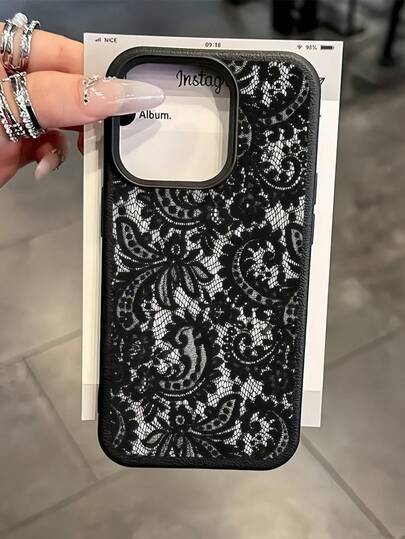 1 Stück schwarze Spitzenblumen-Textur matte Anti-Sturz TPU modische Handyhülle kompatibel mit iPhone 16, 15, 14, 13, 12, 11, 17 Pro Max