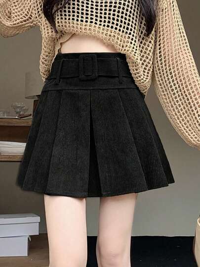新款秋冬灯芯绒高腰百褶裙，配腰带
