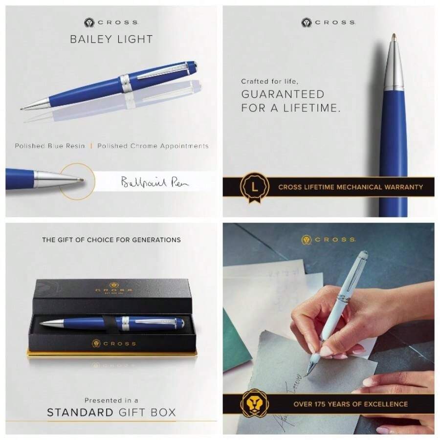 Bailey - Bolgrafo recargable en una caja de regalo diaria, punta media, tinta negra, azul pulido - Bolígrafo + Azul - Ver 1