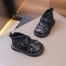 1 双女童花朵软皮靴，带钩环设计，适合秋冬季，优雅的婴儿靴 - 黑色 - 查看 6