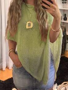 Soulscape Áo choàng poncho xuyên thấu màu xanh ombre dành cho nữ, kiểu dáng bất đối xứng, chất liệu dệt kim, cỡ nhỏ. - màu xanh lá - Xem 7