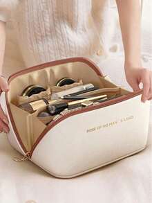 1 PIEZA Bolsa de maquillaje de viaje de cuero PU, organizador de maquillaje de doble capa, bolsa de almacenamiento de cosméticos impermeable, soporte para brochas de maquillaje, bolsa de cosméticos multifuncional, bolsa de tocador de gran capacidad, bolsa de almacenamiento de viaje, bolso de mano, accesorios de viaje, artículos esenciales de viaje, regalos de cumpleaños, regalos navideños, regalos de graduación, regalos para damas de honor, decoración de dormitorio, nuevas llegadas de invierno