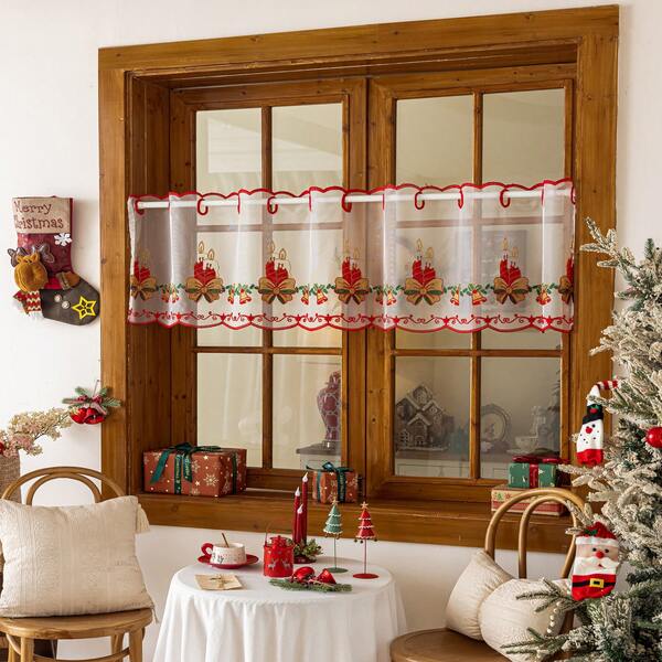 2 piezas Cortina decorativa navideña con bordado rojo para ventana pequeña