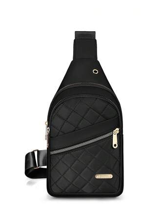 1 件尼龙纯色时尚刺绣菱形图案女士胸包，多功能户外旅行可调节肩带斜挎包，适用于手机、化妆品、骑行、运动