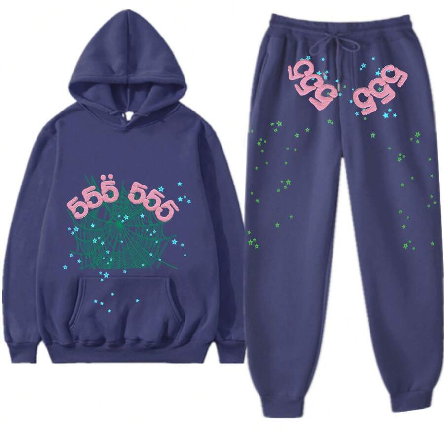 Spider Web 55555 Men's 2025 Graphic Letter Print Sweatshirt & Jogger Pants Set, Oversized Knit Sweater With Cuffed Hem, Casual Streetwear Tracksuit, Y2K Autumn Winter Loungewear - Y藏青色綠網555 - 查看 1