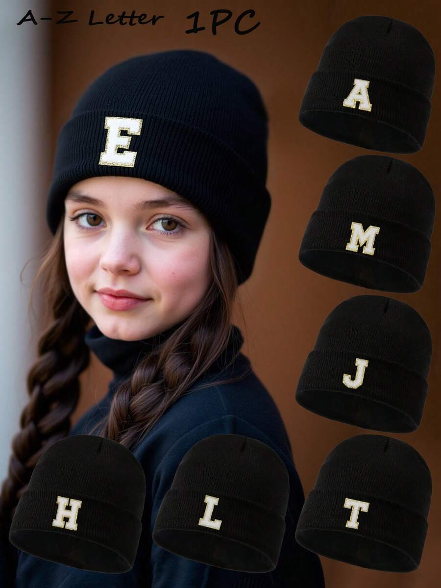 1 pieza Gorro de punto para niños con patrón de 26 letras, gorro negro cálido para uso diario para niños, niños y adolescentes de 1 a 18 años