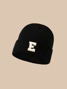 1 pieza Gorro de punto para niños con patrón de 26 letras, gorro negro cálido para uso diario para niños, niños y adolescentes de 1 a 18 años