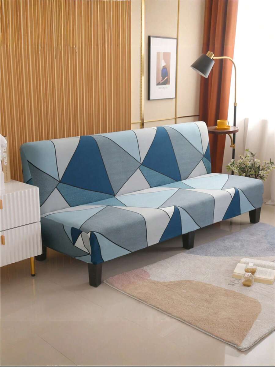 1 tấm phủ giường sofa không tay, vỏ bọc sofa bằng sợi polyester đàn hồi, vải lụa sữa dệt kim cho mọi mùa - Xanh và trắng - Xem 1