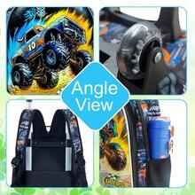 3件套汽车造型拉杆背包，男童儿童带轮背包，UV印花拉杆背包套装，含午餐盒 - 火焰單卡拉桿背包 - 查看 4