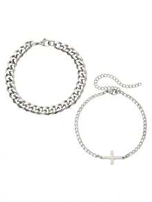 两件套十字链手链，可个性化定制，适合男士、女士、情侣佩戴，日常佩戴、派对、礼品等场合。 - 銀色 - 查看 4