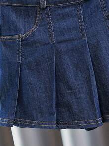 少女百搭褶裥牛仔短裙，夏季 - 藍色 - 查看 4