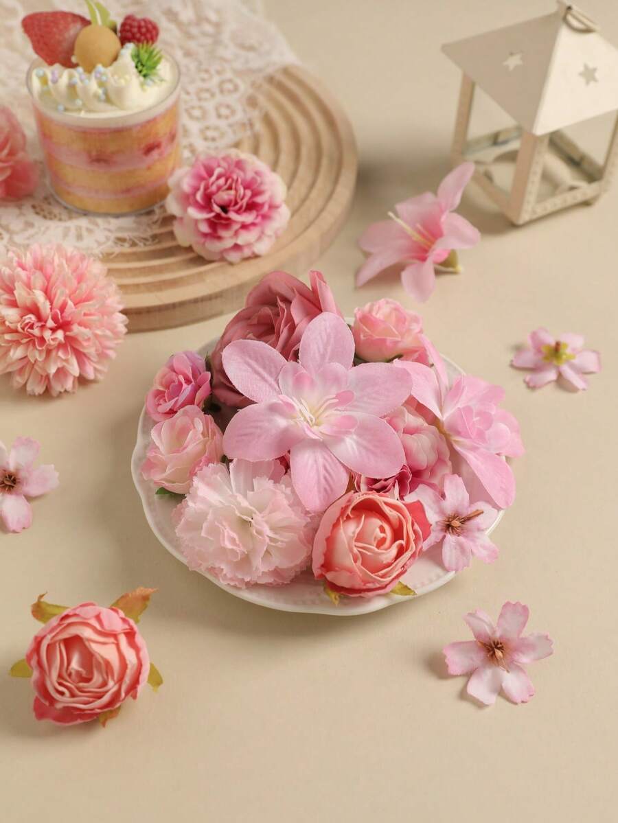 48pcs Mixed Color Artificial Flowers, Including Artificial Roses, Peonies, Daisies, Etc., Suitable For Wedding/Home Decor, Wreaths/Hats, Floral Decoration And Table Centerpiece - Pink Series - View 1