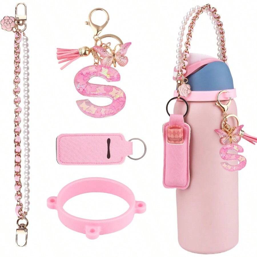 AFRT Letter Accessories For Owala Water Bottle 24/32/40ozInitial Charm Lipstick Holder And Handle Strap For Owala Accessories And Stanley Cup Accessories Pink S - Hồng - Xem 1