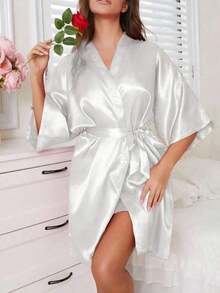 1pc Women's Solid Color Elegant Tie-Up Autumn/Winter Bathrobe, Sexy Short Satin Silk Soft Sleepwear, Suitable For Bride, Bridesmaid, Home Use Back To School - trắng - Xem 4