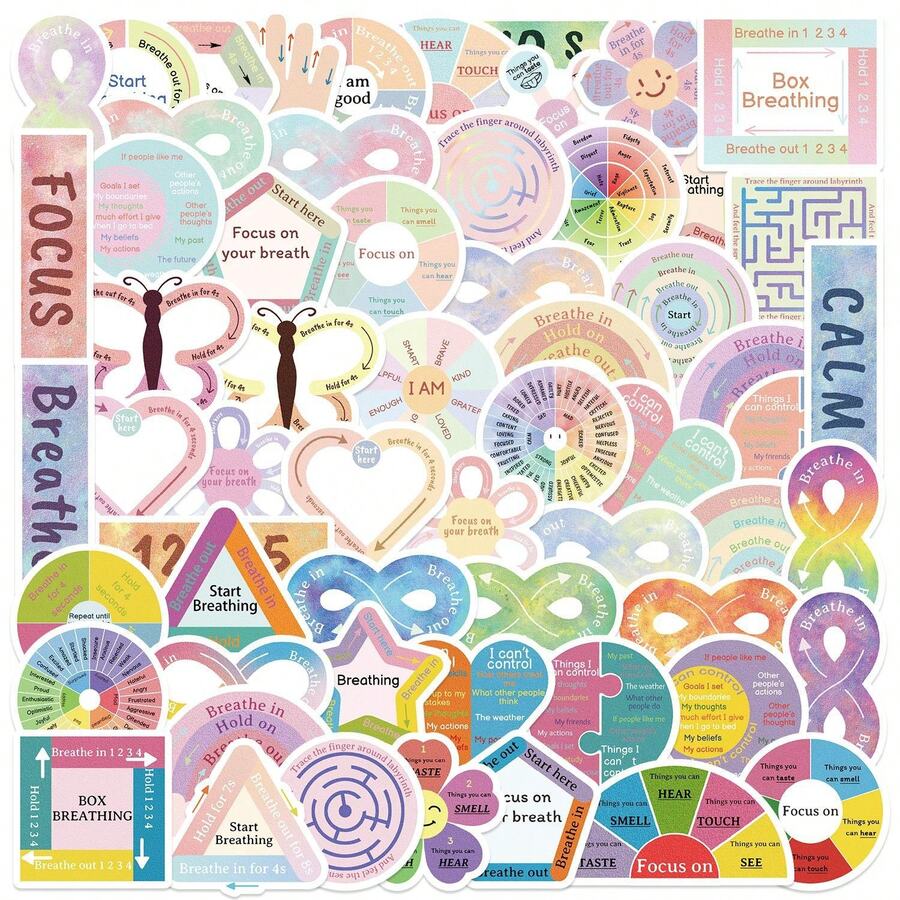6/36/50 Pcs Mindful&Breathe Themed Stickers Non-Repeating Delicate Decoration For Holiday Gift Celebration Party&Home Decor Birthday Gift Skateboard Luggage Notebook Hand Account Water Bottle, Stickers For Teachers, Office Staff, Adults, School Teacher Classroom Supplies,Kpop,Scrapbook Supplies Decor,Teacher Office Gifts,