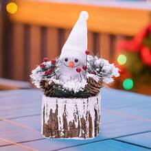 Christmas Snowman Figurine With Burlap Hat And Festive Accents Unique Christmas Ornament In Tree Stump Tabletop Decor - Trắng tinh khiết - Xem 4