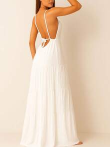 Long V-Neck Dress With Thin Straps And A Tie At The Back - 白色 - 查看 2
