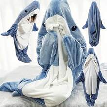 Pijama Estranho e Interessante de Tubarão com Chapéus e Roupões de Flanela Quentes, Adequado para Fantasia de Festa de Halloween, Macacão Saco de Dormir, Coral Fleece Confortável e Respirável, Amigável para a Pele, Uso Casual, Tema Universal para Festas de Halloween, Páscoa e Natal - Azul - Ver 3