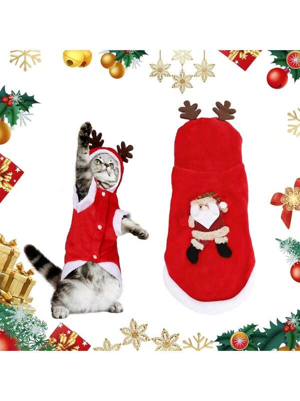 1pc Reindeer Decorated Warm Christmas Pet Costume Clothes For Small Dogs & Cats, Autumn/Winter Halloween Halloween Costumes