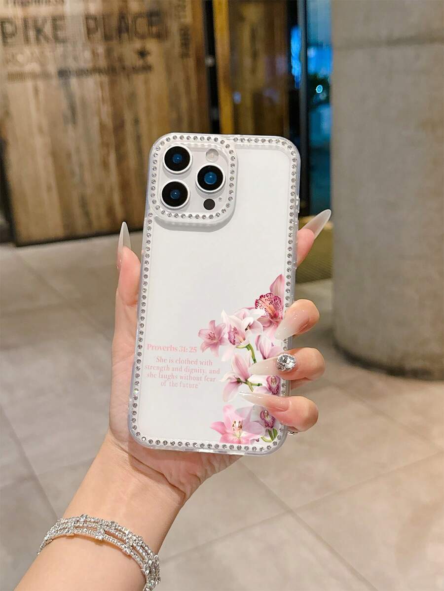 Pink Orchid, Bible Verses, Strength And Dignity Printed Mobile Phone Case For 12-17 Glitter Diamond Anti-Fall Transparent Mobile Phone Case, Shiny Mobile Phone Case, Glitter Mobile Phone Protective Case,  Glitter Mobile Phone Case - 彩色 - 查看 1