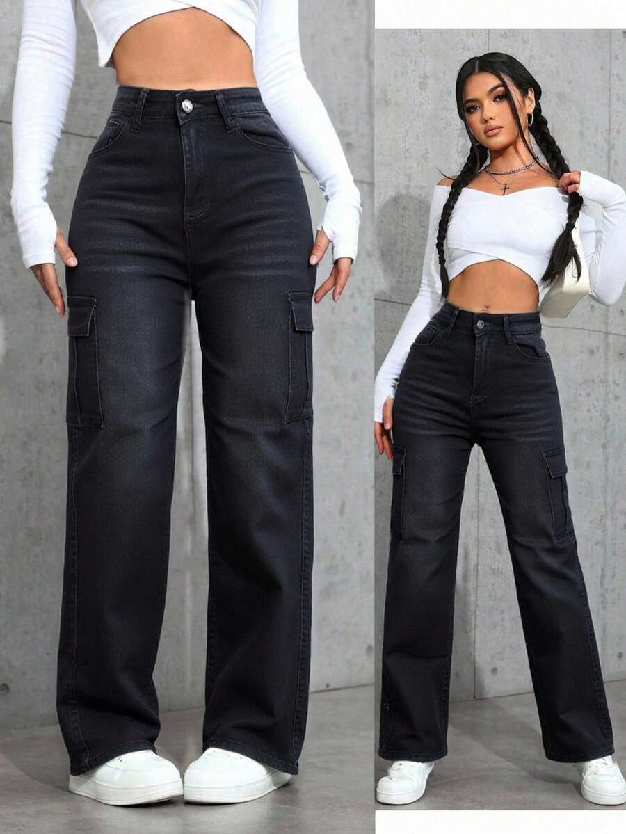 Pantalones vaqueros de tiro alto gris negruzco de corte holgado estilo cargo, diseño con múltiples bolsillos, tejido suave y elástico, estilo casual y versátil - Negro - Ver 1