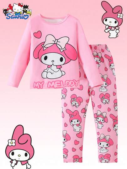 Sanrio 两件套三丽鸥旋律印花女童睡衣套装，包括圆领长袖T恤和裤子，面料舒适，适合休闲、居家、节日、万圣节、圣诞节等场合，是送给青少年女孩的理想礼物。