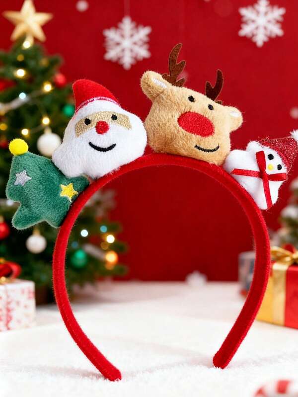 قطعة واحدة شريط رأس مزين بالسانتا كلوز المبطن والفراء، شجرة عيد الميلاد، رنة، وتمثال الثلج، ديكور حفلة عيد الميلاد الجميل للنساء